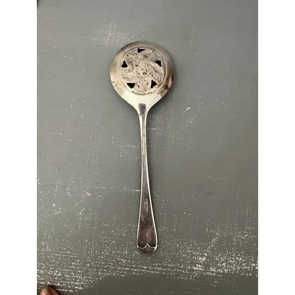 Vintage Sheffield England Silver Plated Pierced Serving Spoon Floral 8.5”